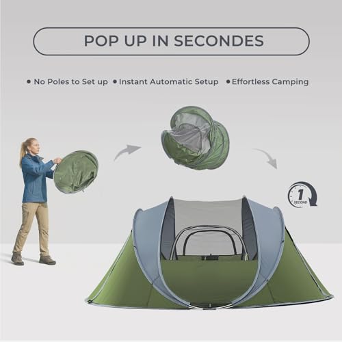 Green 6 Person Pop Up Camping Tent with Skylight & Rainfly - Waterproof, Fast Setup