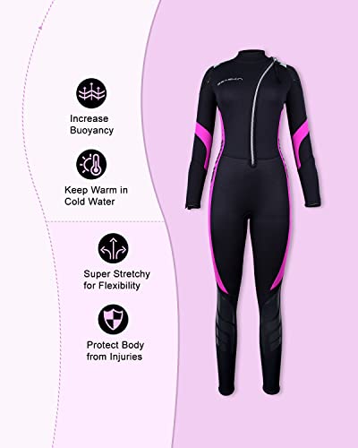 Seaskin 3mm Full Wetsuit for Men Women with Front Zip - Black & Fuchsia, Medium