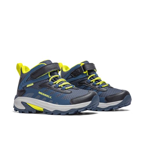 Kids Waterproof Hiking Sneakers - Merrell Moab Speed 2 Mid A/C Navy Hi Viz, Wide 7