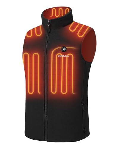 Venustas Men's Heated Fleece Vest Black Large with 6 Heating Zones & Battery