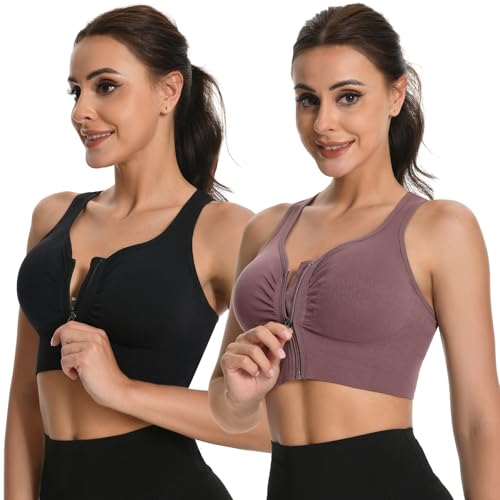 XX-Large Zip Front Sports Bras for Women - Black & Purple, Easy On & Off