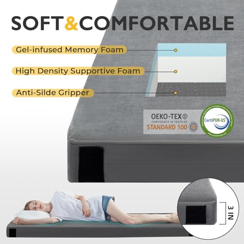 Kingfun Gray 75x25x3 Inch CertiPUR-US Memory Foam Camping Mattress Pad with Waterproof Cover