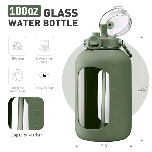 100 oz Glass Water Bottle with Straw - Olive, Wide Mouth, Time Marker