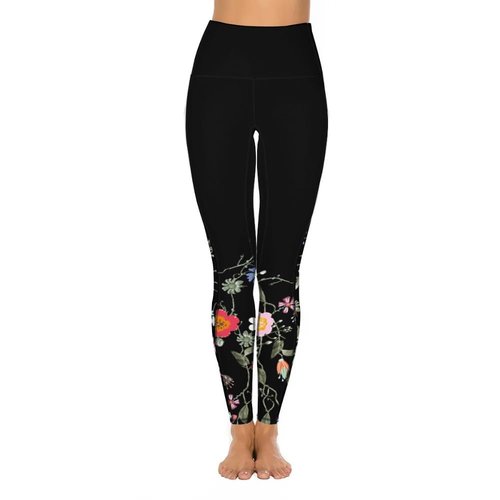 Women's Workout Leggings with Pockets High Waisted Tummy Control No See Through Stretch Activewear Running Yoga Pants, Black Flower M
