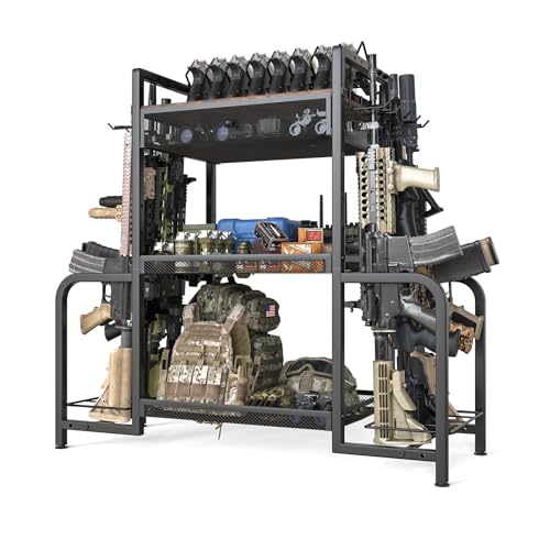 Floor Standing Gun Rack with Pistol Slots & Storage Drawer - Holds 8 Long Guns & 8 Handguns (Variation C)