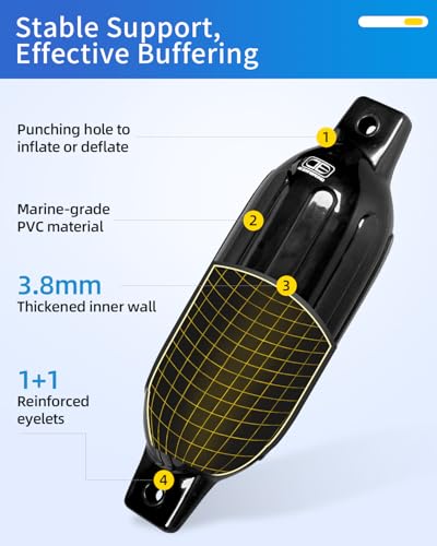 Black 8.5 x 27 Inch Inflatable Boat Fenders Pack of 4 with Ropes & Pump