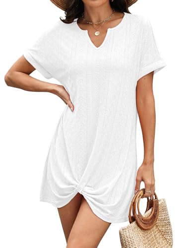 Women’s V-Neck Loose Twisted Swim Coverup Dress Large White Vacation Beachwear
