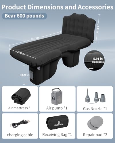 Umbrauto Black Back Seat Car Air Mattress with Built-in Pump for SUV Truck Van Camping Bed