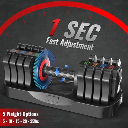 Black 25Lb Adjustable Dumbbell - 5-in-1 Fast Weight Change for Full Body Workout