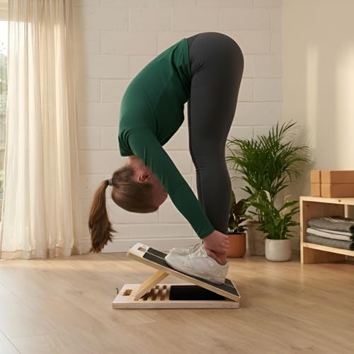 Portable Wooden Calf Stretch Board with Resistance Bands - Adjustable Incline