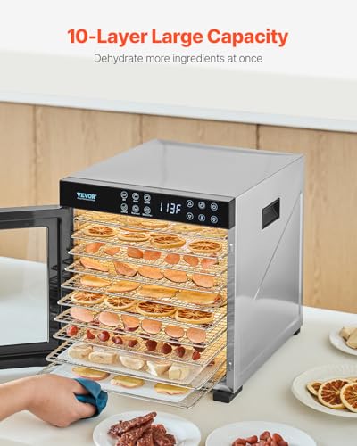 VEVOR Food Dehydrator Machine with 10 Stainless Steel Trays, 1000W Electric Food Dryer, Adjustable Temp & 24-Hour Timer, B Variation