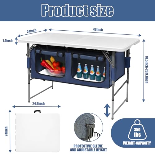 4ft Foldable Camping Table with Adjustable Height & Storage Organizer