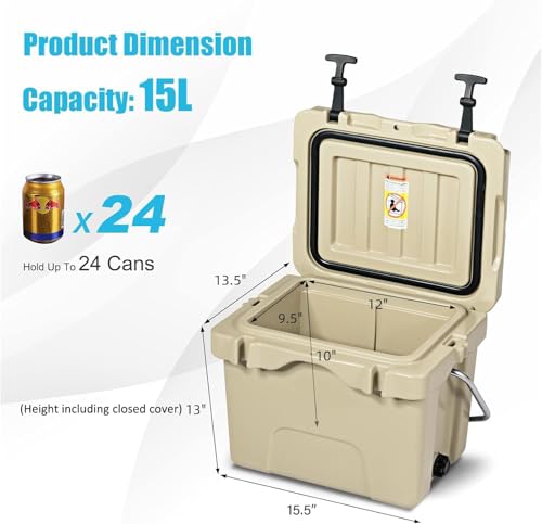 COSTWAY Khaki 16 Quart Insulated Cooler - Portable Ice Chest with Cup Holders