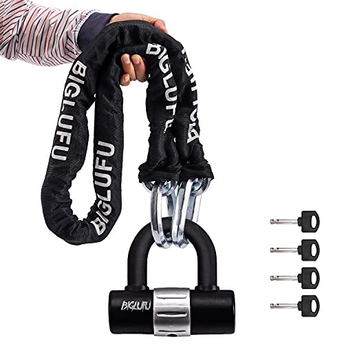 BIGLUFU 5ft Heavy Duty Motorcycle Chain Lock with U Lock and Keys - Silver