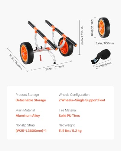 Heavy Duty Kayak Cart with 450 lbs Load Capacity & 12'' Solid Tires