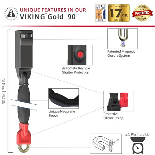 Seatylock Viking 90cm Gold Sold Secure Motorcycle Bike Chain Lock with Magnetic Closure