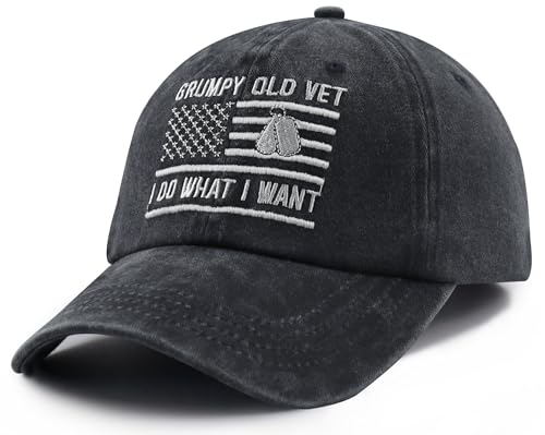 Grumpy Old Vet Hat for Men - USA Flag Veteran Baseball Cap, One Size, Black