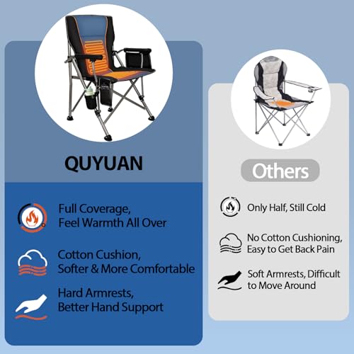 QUYUAN Heated Camping Chair Black & Blue with 20,000mAh Battery - Fully Padded, supports 500 lbs, 3 Heat Modes for Winter Outdoor Activities