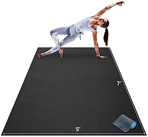 Onyx Black Yoga Mat with Gray Towel, Straps & Carry Bag - 7' x 5' 8mm Non-Slip Exercise Mat