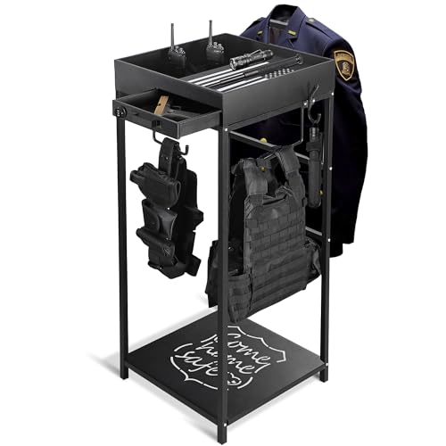 Police Gear Stand with Combination Lock - Heavy Duty Tactical Hanger Rack, Black, Come Home Safe