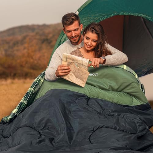 WKFAMOUT Olive Flannel Double Sleeping Bag for Adults, 2 Person Waterproof Queen Size, 3-4 Seasons Camping Bed with Compression Sack
