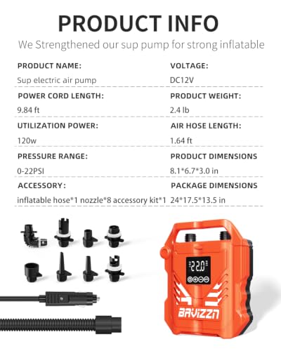 BAVIZZN Orange Electric SUP Paddle Board Pump - Portable Inflatable Pump with 8 Nozzles