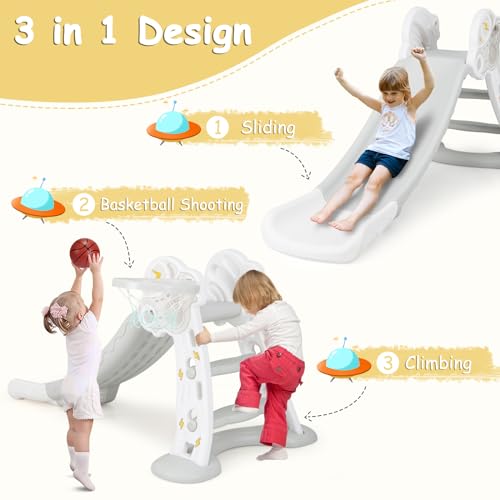INFANS Grey 4-in-1 Toddler Indoor & Outdoor Playset with Slide, Basketball Hoop, Climber