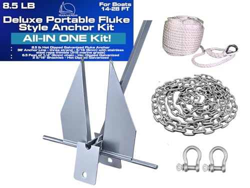MarineNow 8.5 lb Galvanized Fluke Anchor Kit with 98 ft Marine Rope & Chain