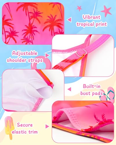 Girls 2-Piece Swimsuit Bikini Set with Adjustable Shoulder Straps - Pink Gradient Coconut Tree / 12