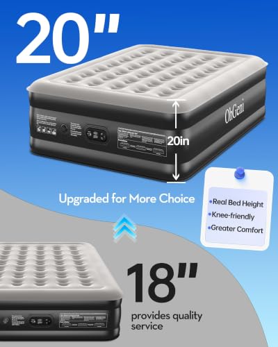 OhGeni 20-Inch Raised Queen Air Mattress with Built-In Pump, Black, 10-Year Support