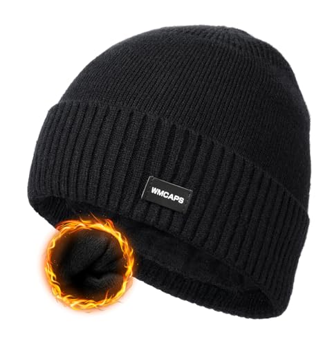 Wmcaps Fleece Lined Beanie - Warm Winter Knit Hat for Men Women - Black