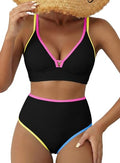 Women's High Waisted Floral Bikini Set with V Neck Stitch - Large Black & Colorful Trim