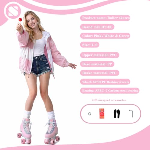 SULIFEEL Pink Girls & Women Roller Skates Size 3-4 with Light-Up Wheels