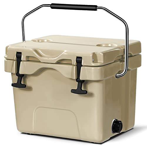 COSTWAY Khaki 16 Quart Insulated Cooler - Portable Ice Chest with Cup Holders