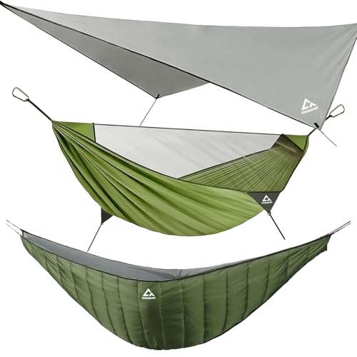 Camping Hammock with Mosquito Net, Underquilt & Rain Fly Tarp - Green
