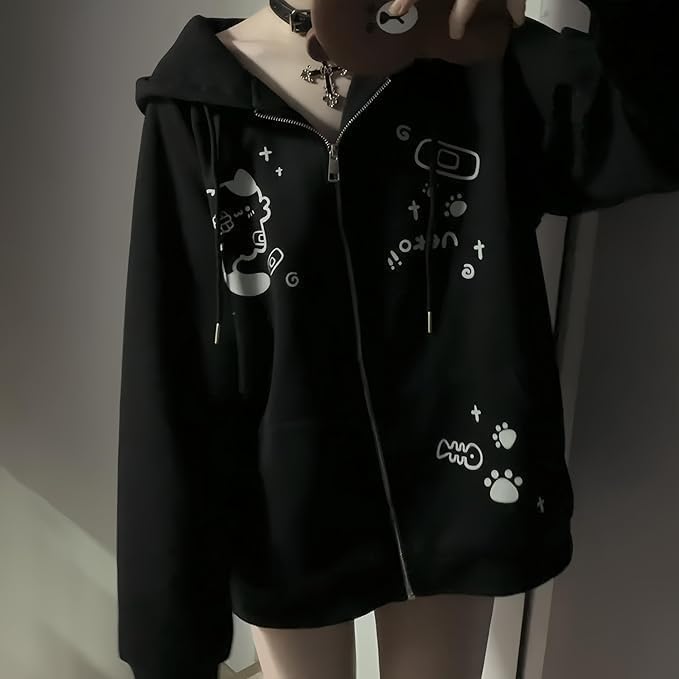 Y2K Zip-Up Cat Ear Oversized Hoodie - Medium Black, Trendy Animal Hoodie