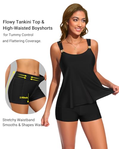 Women's Flowy Tankini Swimsuit with Tummy Control & Pocket Shorts - Medium Black