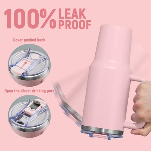Pink 40 oz Insulated Stainless Steel Travel Mug with Handle & Straw Lid