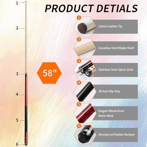 AKLOT Translucent Wood Finish Pool Cue Stick 58'' 18-21oz for Adults & Beginners