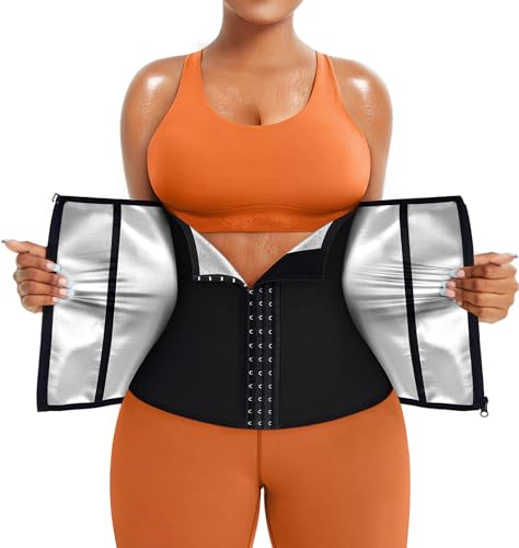 TrainingGirl Waist Trainer for Women Working Out Sweat Belly Band - Black & Silver, Medium