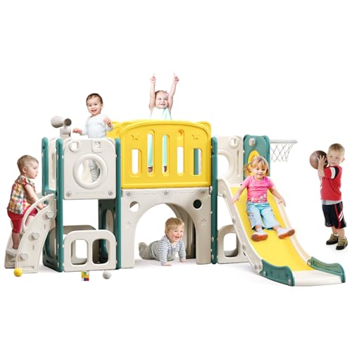 Green 8-in-1 Toddler Playground Playset with Slide & Basketball Hoop