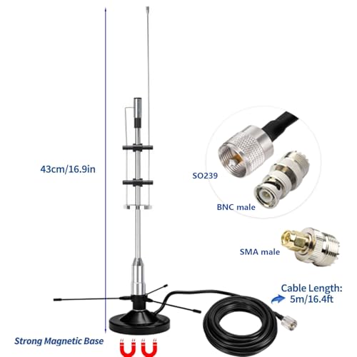 SIGNALPLUS 2m 70cm GMRS Antenna with 16.4ft Coax Cable, Magnetic Base for Scan & Radio