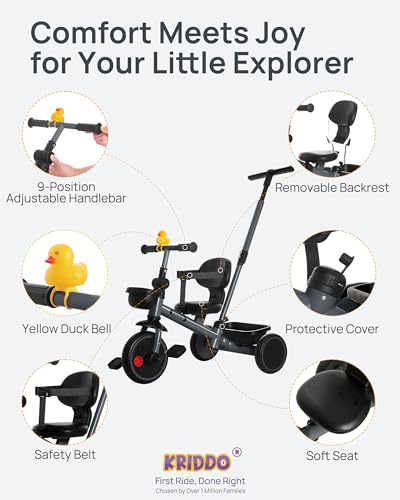 KRIDDO 2-in-1 Parent Steering Toddler Tricycle Grey for Ages 1.5-5 Years