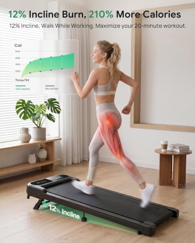UREVO Black Smart Incline Walking Pad Treadmill with 12% Manual Incline, 7-Layer Belt, App Control, 300lbs Capacity
