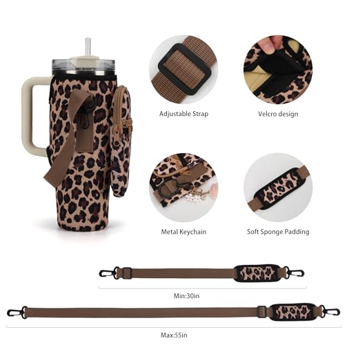 Water Bottle Carrier Bag for Stanley 40oz with Phone Pockets - Leopard