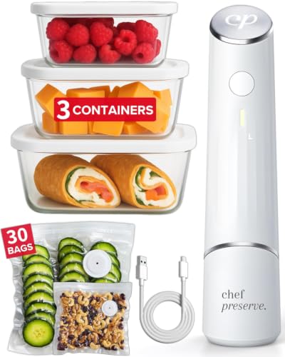 Chef Preserve Vacuum Sealer Bundle with 3 Glass Containers & 30 Reusable Bags