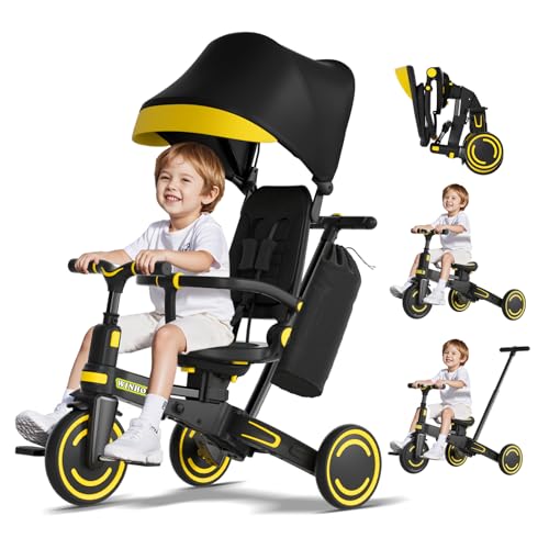 Kids Tricycle 9-in-1 Foldable with Push Handle & Canopy - Black