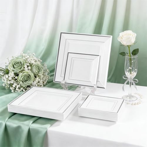 Festiva 50 Guests Silver Square Plastic Party Plates Set with Cups, Cutlery & Napkins – 9.5