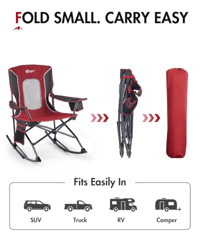 Portal Breathable Mesh Red Folding Camping Rocking Chair, 350LBS Portable Outdoor Seat
