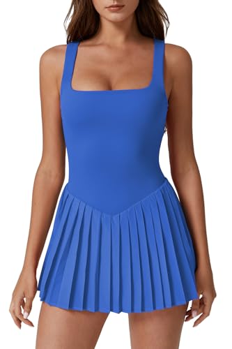 Women's Square Neck Tennis Dress Small Sapphire Pleated Sleeveless Golf Athletic Dress with Pockets